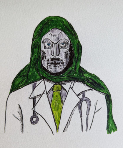A drawing of Dr. Doctor, except that he's wearing a MD's clothing, instead of his armor. He's still wearing his mask and cloak, though.